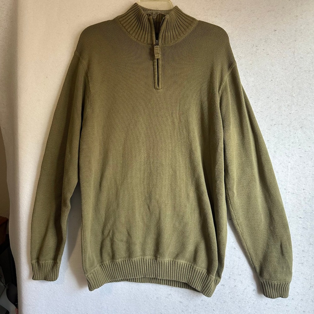 Eddie Bauer Mens Large Tall Quarter Zip Sweater Olive Green 100% Cotton Knit L T